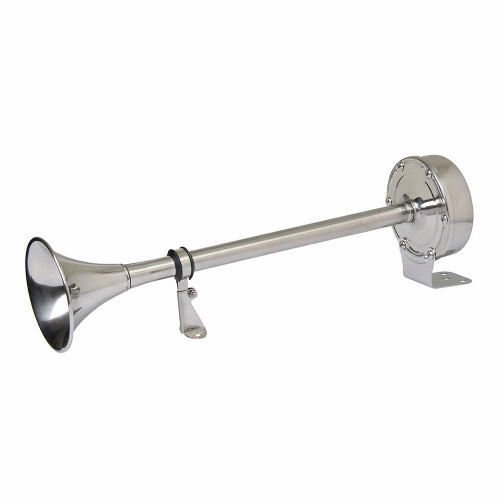 Marinco 12V Single Trumpet Electric Horn stainless steel marine horn with over-molded motor cover, 16.5 inches long, 118 dB noise level