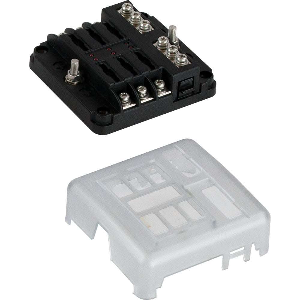 Blade style LED indicator fuse block with negative bus bar and clear cover, 6 circuit, nickel plated terminals