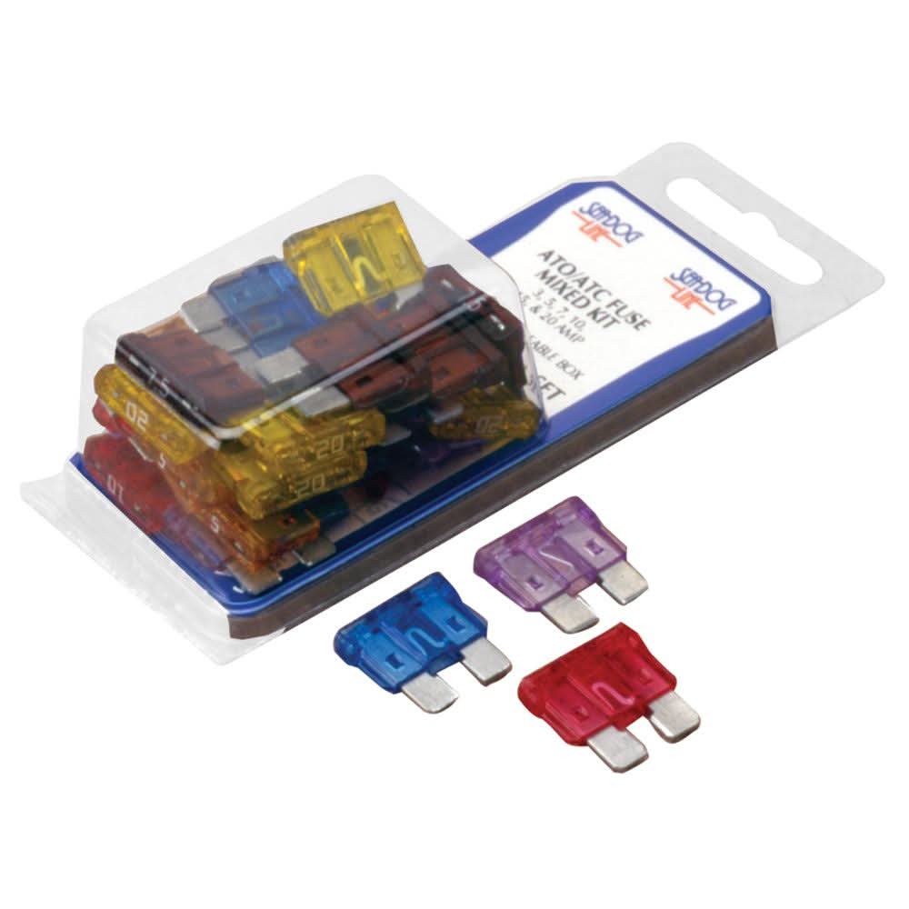 Sea-Dog ATO Style mixed fuse kit with multiple amp ratings and tin plated connectors in clear plastic packaging