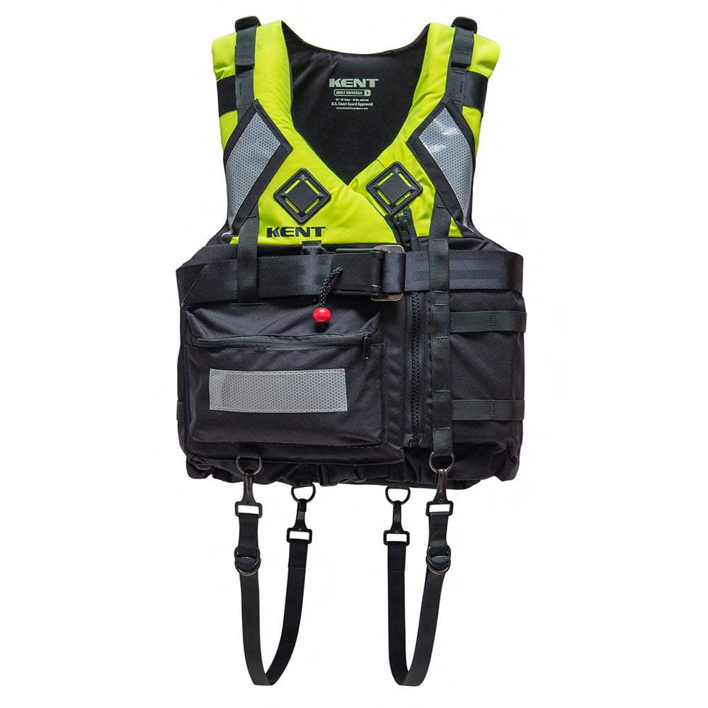 Kent Swift Water Rescue Vest in hi-vis yellow with multiple straps, reflective material, and front zippered pocket for safety and durability
