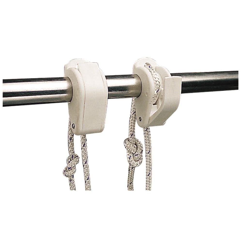 Sea-Dog Nylon Fendermate clamps securing ropes on metal tubing for marine use