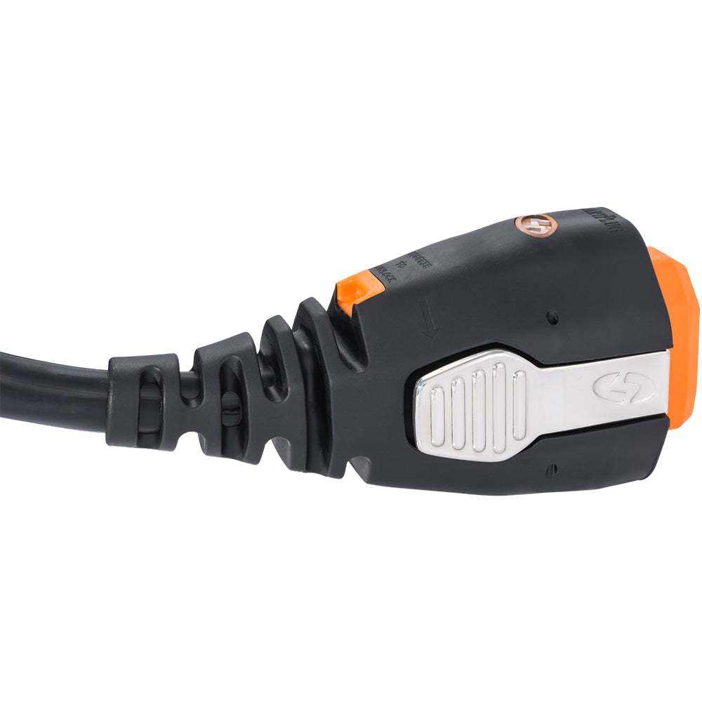 Close-up of black and orange SmartPlug RV Kit 30 Amp 30' dual configuration power cord connector