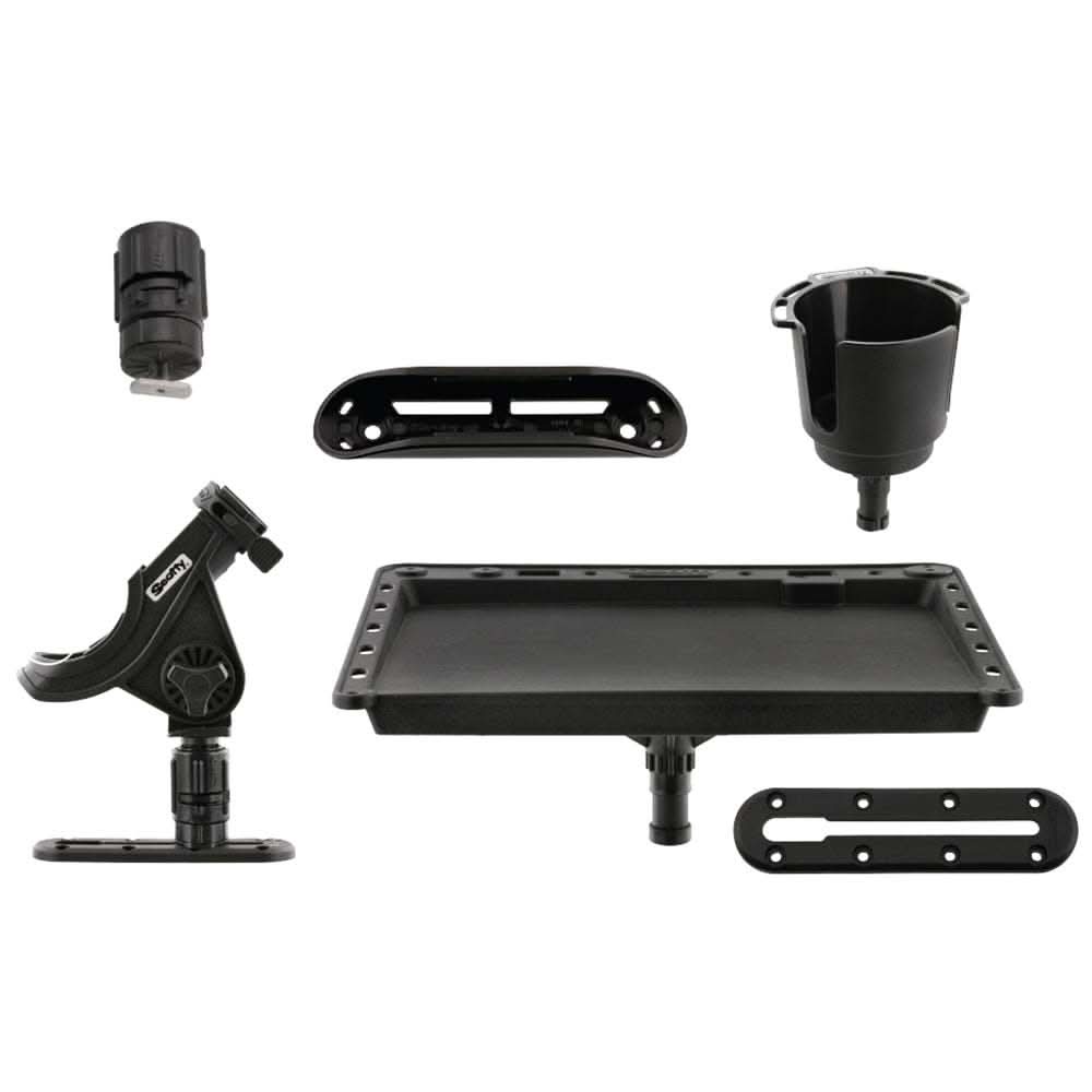 Scotty Kayak Fishing Starter Pack with rod holder, drink holder, paddle clip, baitboard, and track adapters.