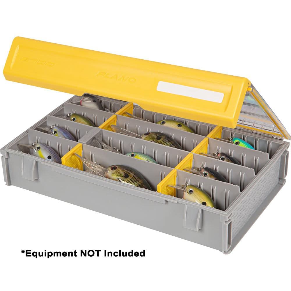 Plano EDGE Professional 3700 Deep Stowaway tackle box with yellow lid and customizable interior compartments for fishing lures