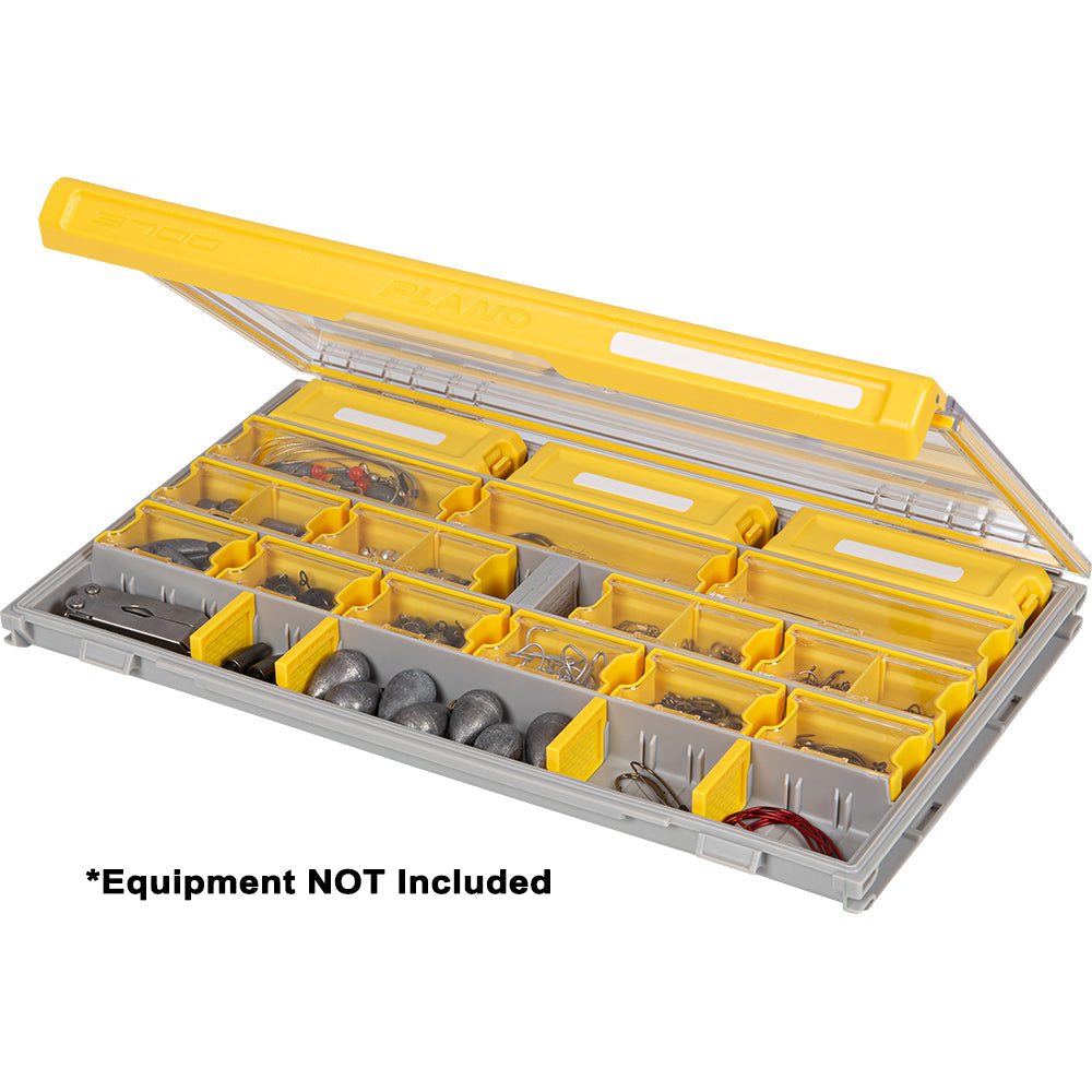 Plano EDGE Master Terminal open with multiple yellow trays organizing fishing terminal tackle and accessories.