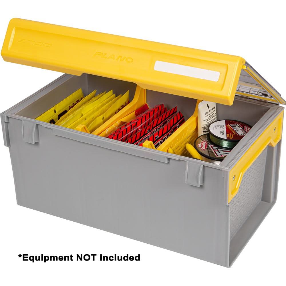 Plano EDGE Master Plastics storage box with yellow lid and custom dividers for organized soft plastics and fishing gear