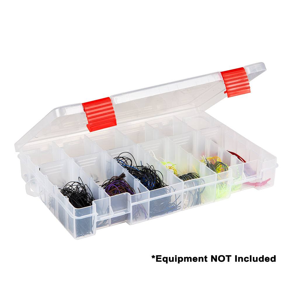 Plano Rustrictor 3600 transparent rust-preventive tackle box with adjustable dividers and secure red latches