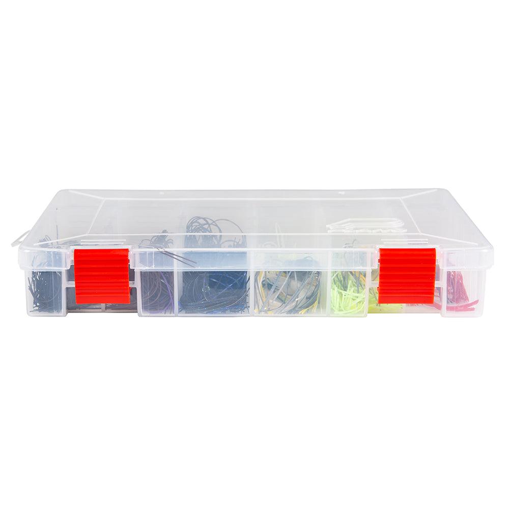 Plano Rustrictor 3600 Stowaway transparent tackle box with red latches and adjustable compartments for rust-free fishing gear storage