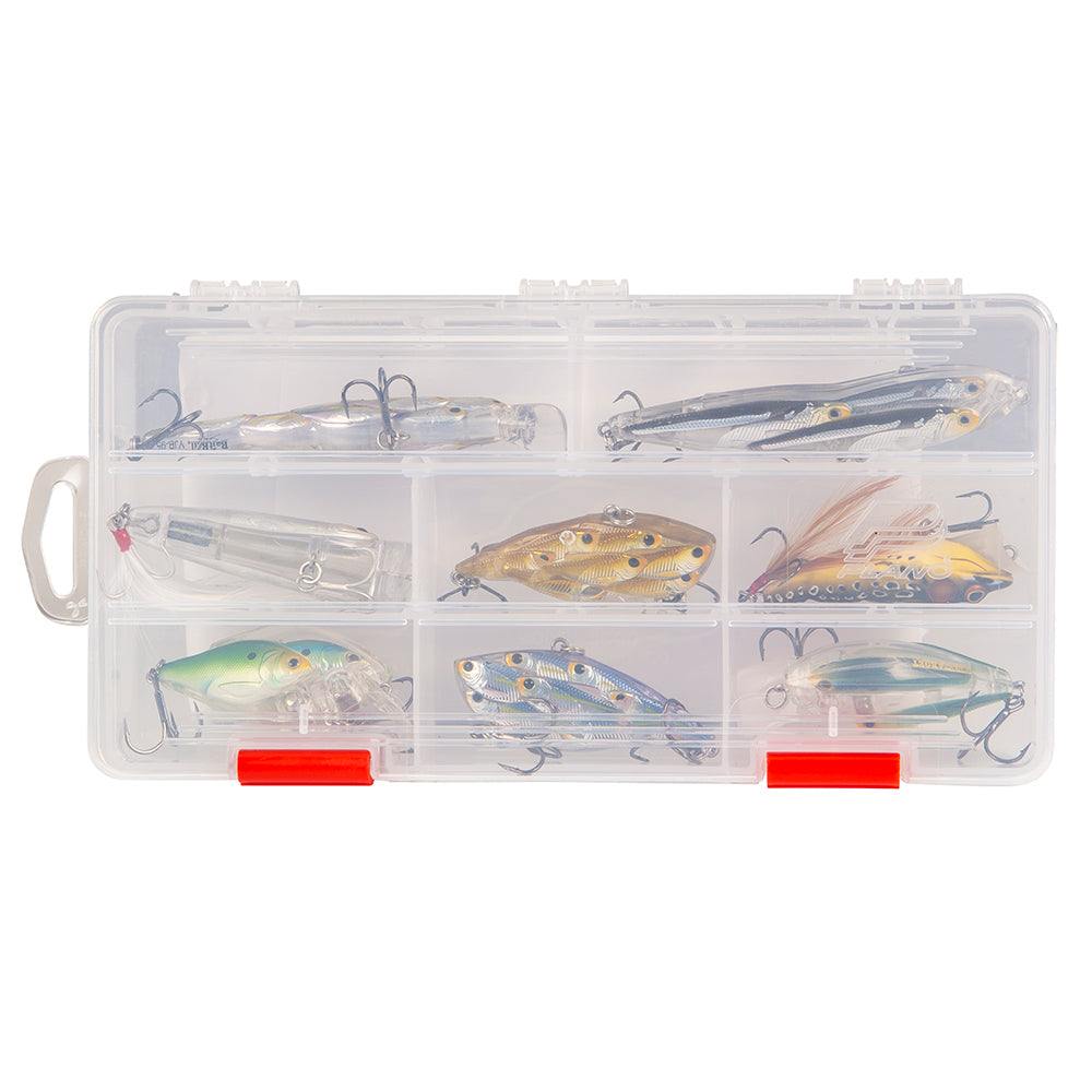 Plano Rustrictor 3500 transparent tackle box with adjustable compartments and rust-preventing protection