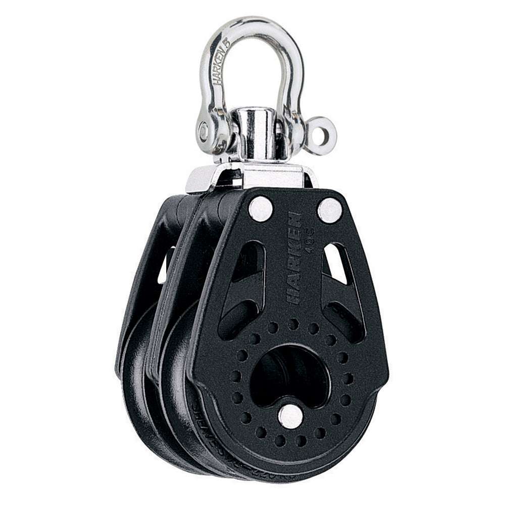 Harken 40mm Carbo Air Double Swivel Block with black lightweight high-load sheaves and stainless steel swivel hook