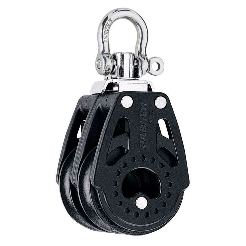 Harken 40mm Carbo Air Double Swivel Block with black lightweight high-load sheaves and stainless steel swivel hook
