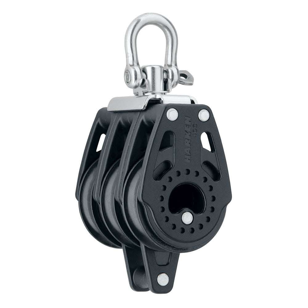 Harken 40mm Carbo Air triple swivel block with becket, black and silver sailing rigging hardware