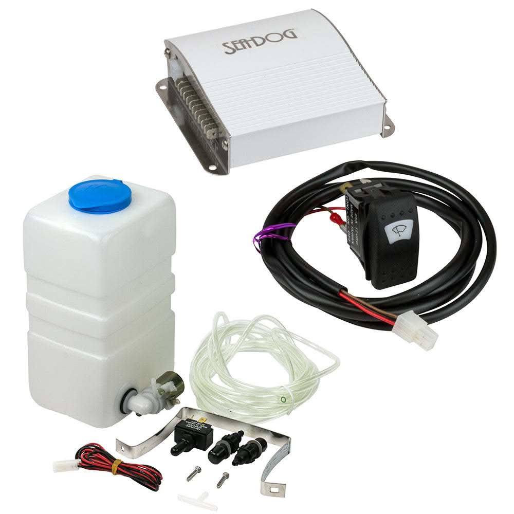 Sea-Dog Synchronized Wiper Control and Windshield Washer Kit with controller, switch, wiring harness, tank, pump, tubing, and nozzle components
