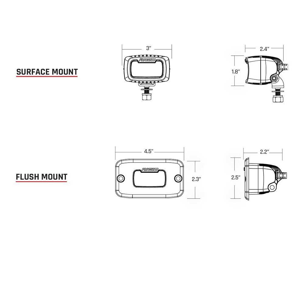 RIGID Industries SR-M Series Pro Spot black LED light dimensions diagram for surface and flush mounts