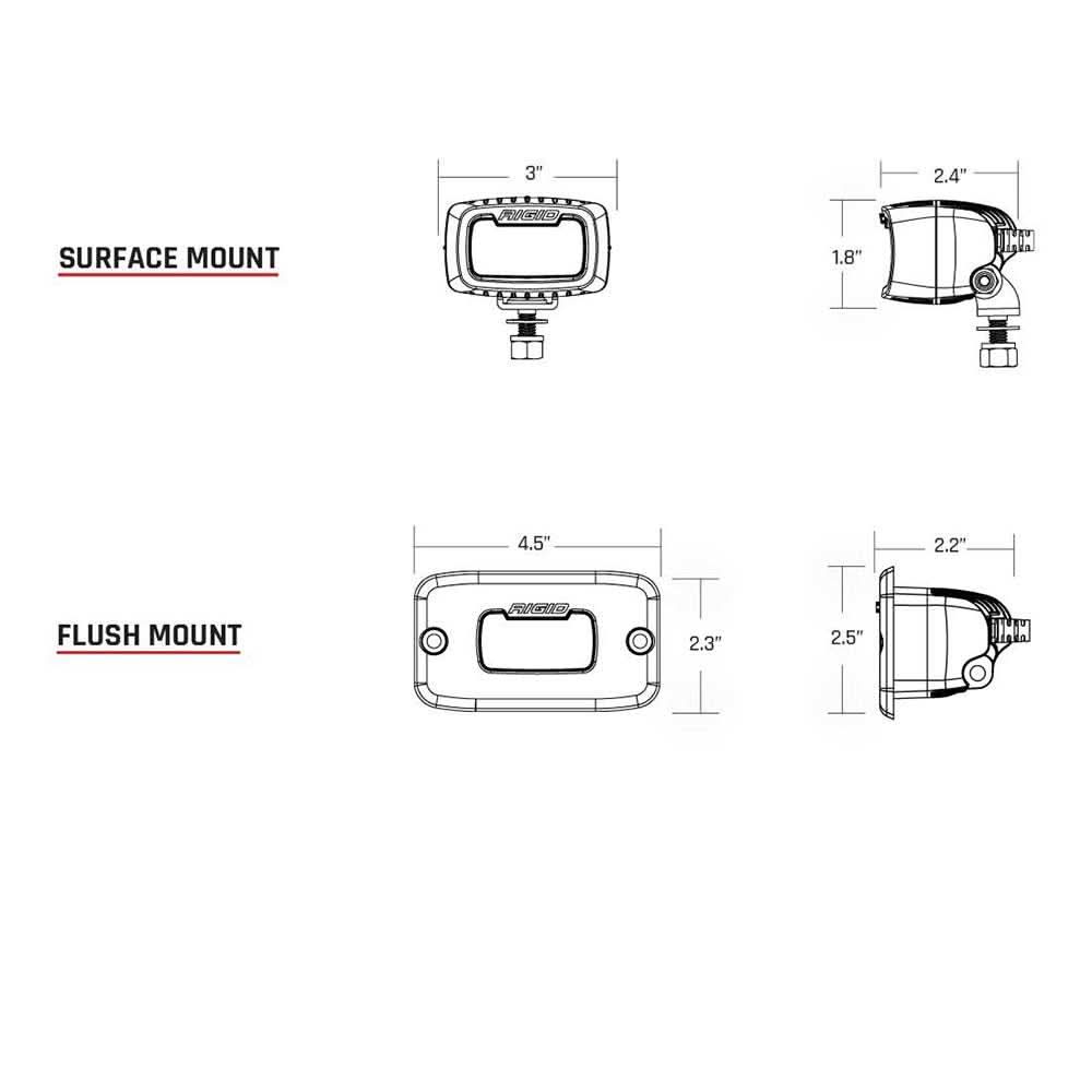 RIGID Industries SR-M Series Pro Spot black LED light dimensions diagram for surface and flush mounts