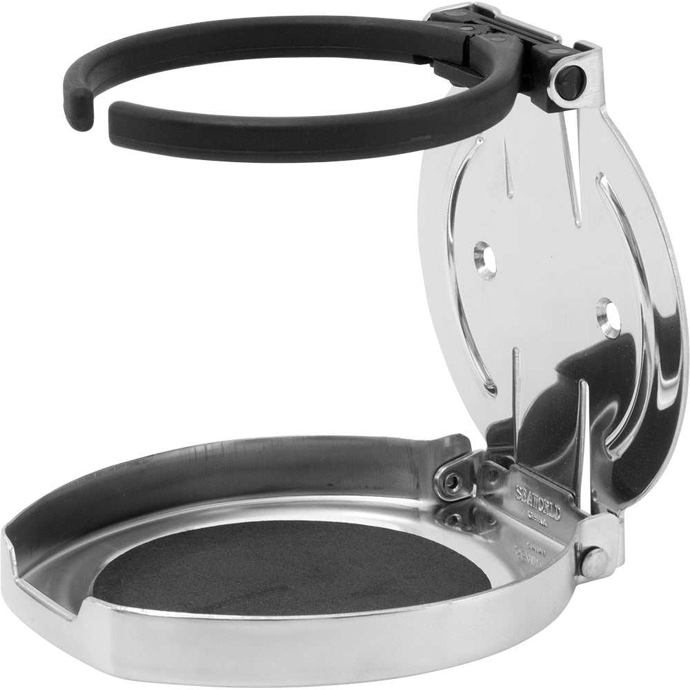Sea-Dog adjustable folding drink holder made of 304 stainless steel with rubber grip ring and mounting base.