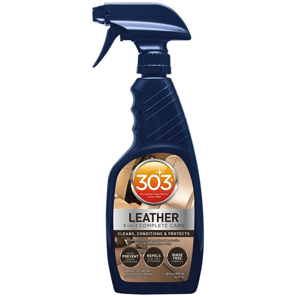 303 Automotive Leather 3-In-1 Complete Care spray bottle for cleaning, conditioning, and protecting car leather and vinyl surfaces.