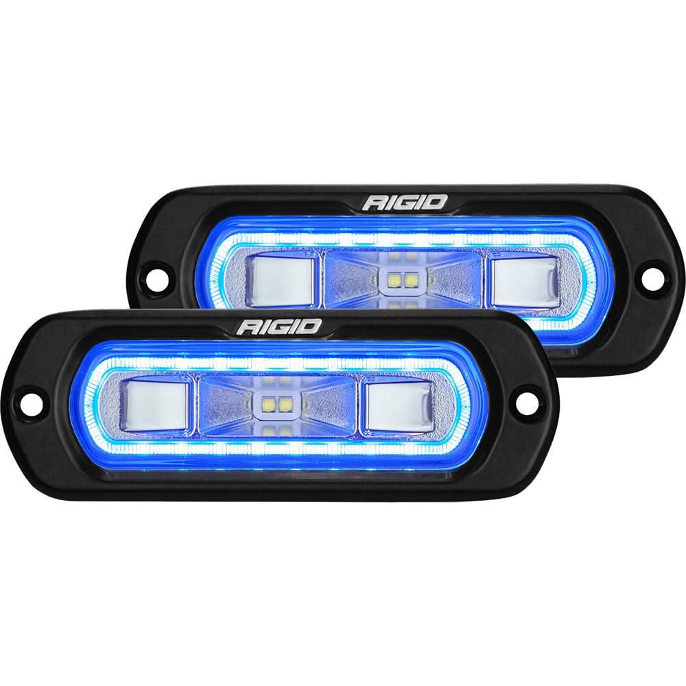 RIGID Industries SR-L Series flush mount spreader lights with black housing and blue halo backlight pair