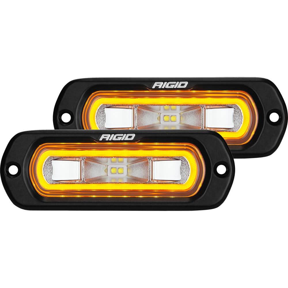 RIGID Industries SR-L Series Flush Mount Spreader Light with black housing and amber halo lighting pair