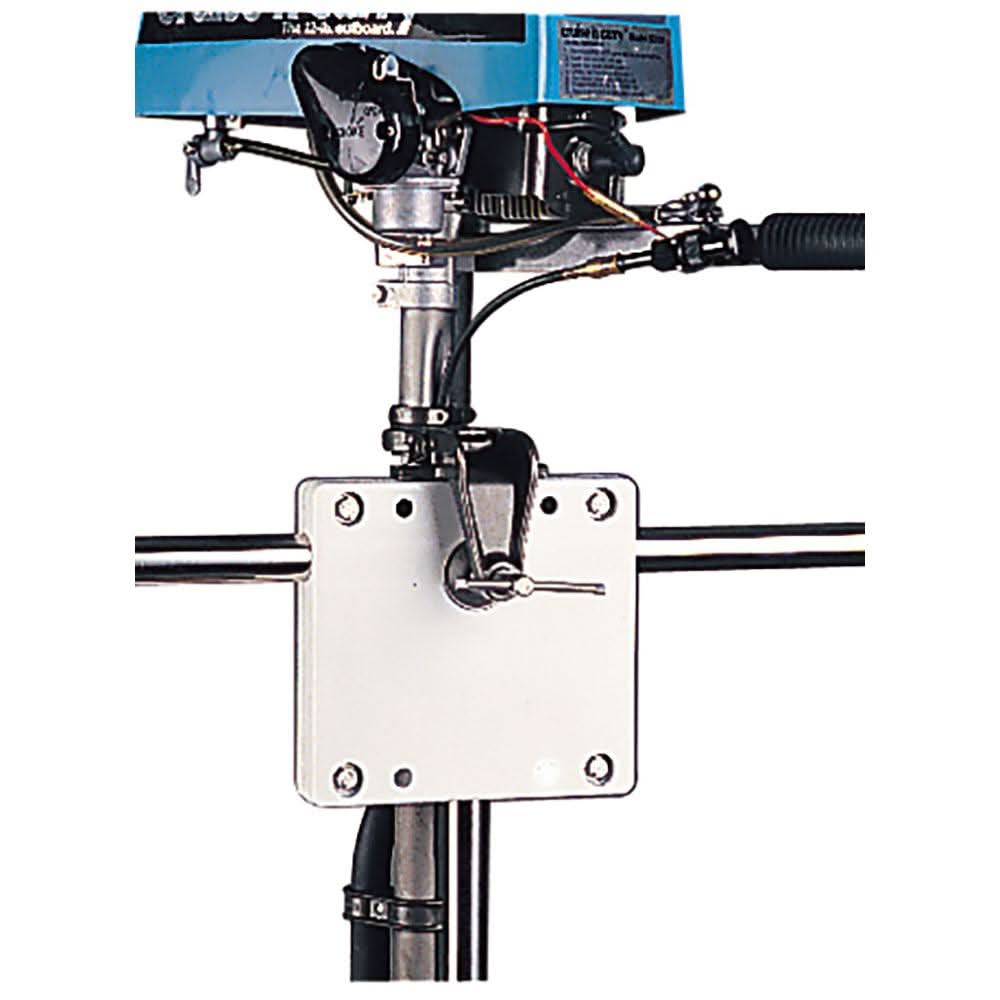 White Sea-Dog Poly Rail Mount Motor Bracket holding outboard motor on stern rail