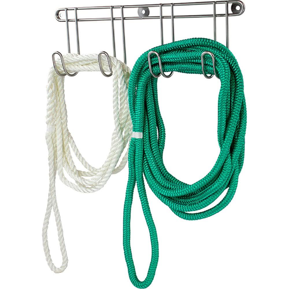 Sea-Dog SS Rope & Accessory Holder wall-mounted stainless steel rope and cord hanger with deep hooks holding white and green ropes.