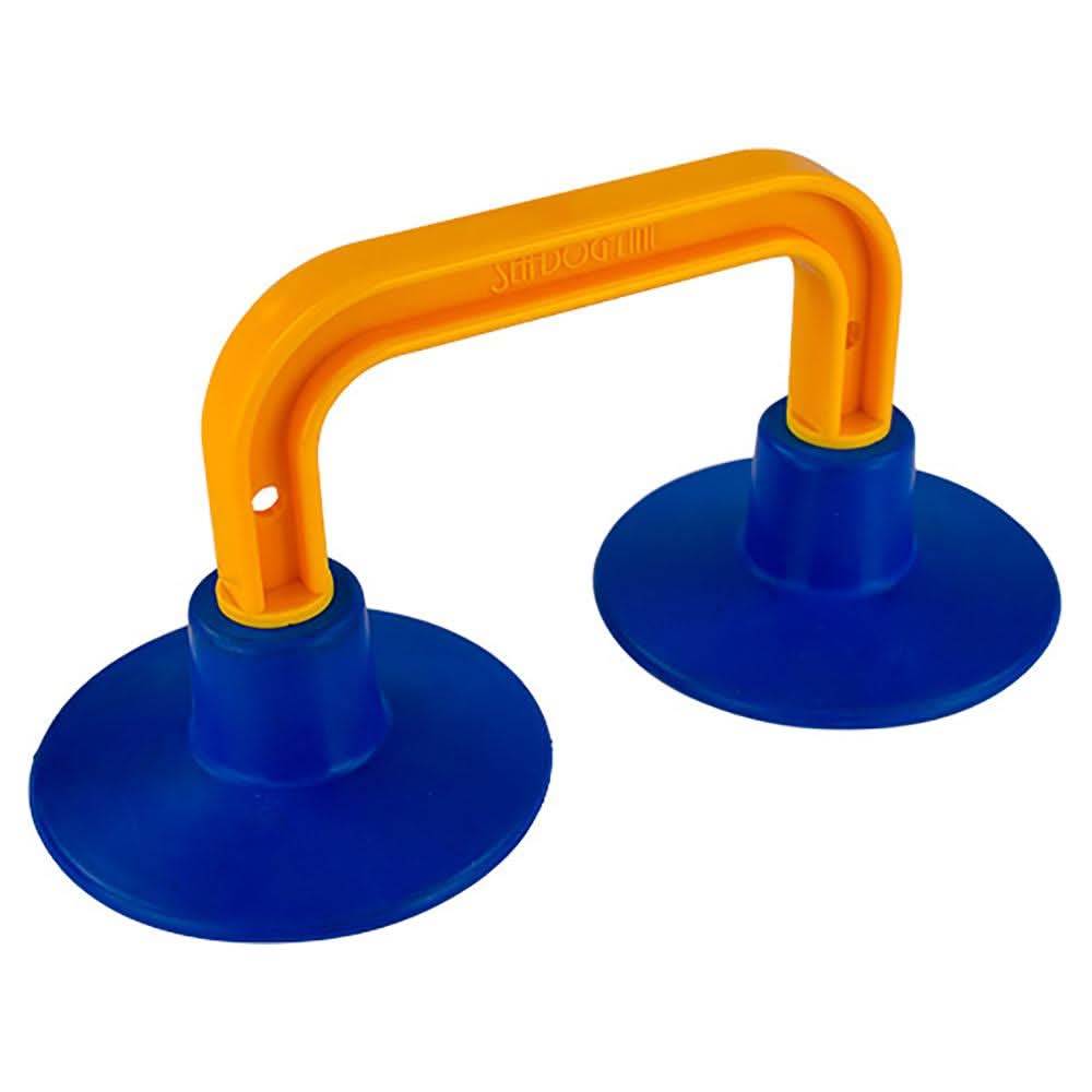 Plastic suction cup handle with yellow plastic grip and blue nitrile-buna rubber suction cups for boat or kayak use