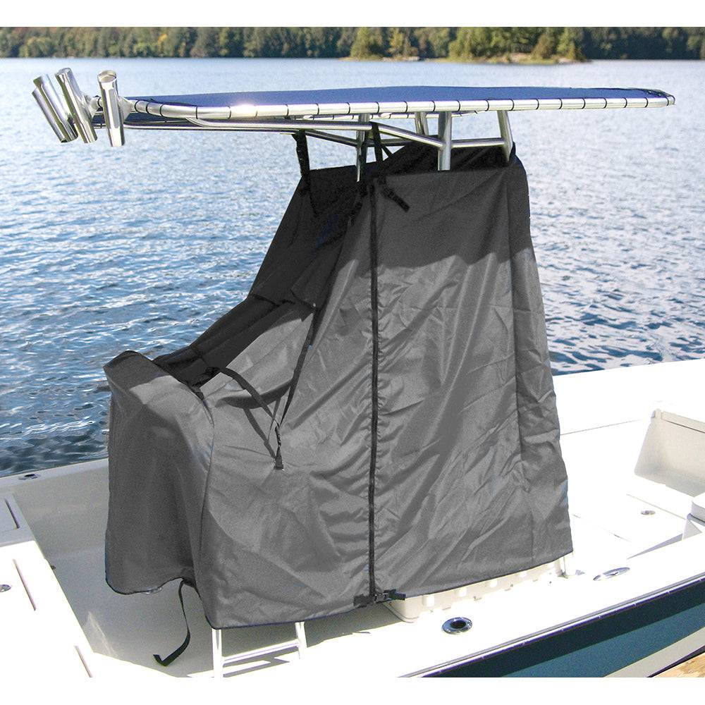Taylor Made Universal T-Top Center Console Cover in grey protecting a boat console and helm seat