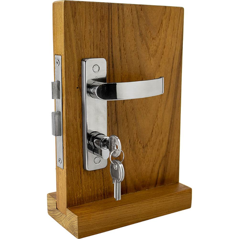 Sea-Dog Door Handle Latch locking polished 316 stainless steel with keys on wooden door model