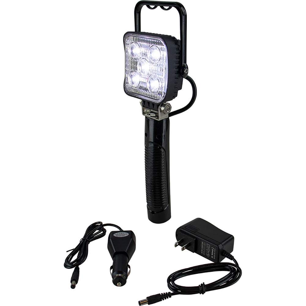 Sea-Dog LED rechargeable handheld flood light with 1200 lumens, black aluminum housing, and charging adapters.