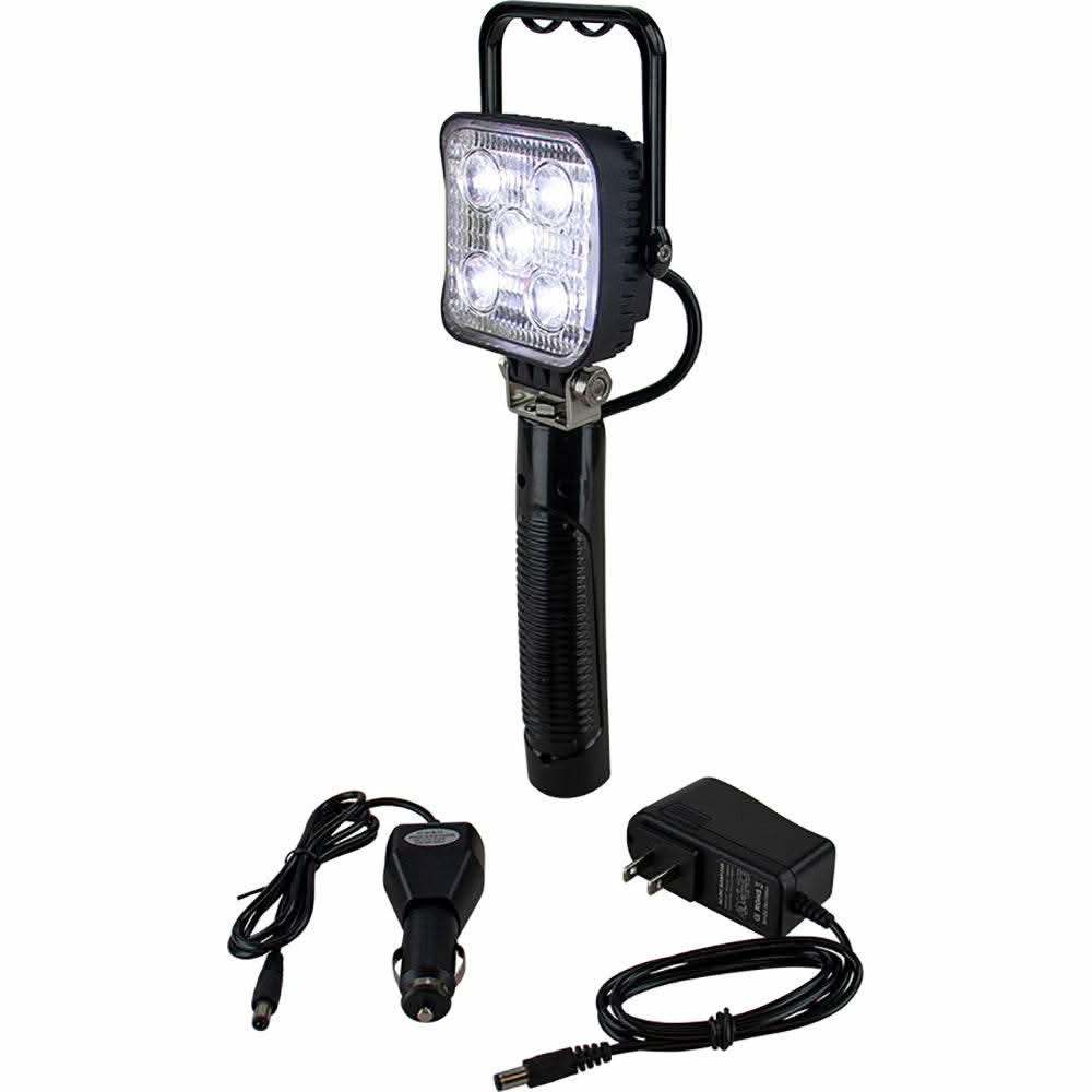 Sea-Dog LED Rechargeable handheld flood light with 1200 lumens, adjustable handle, and charging adapters.