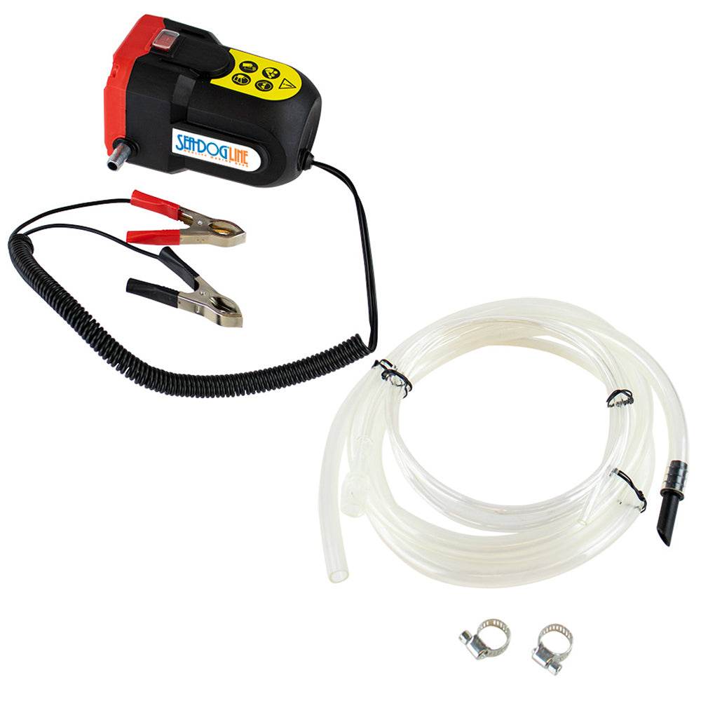 Sea-Dog 12V electric oil change pump with battery clips and hoses for outboard engines