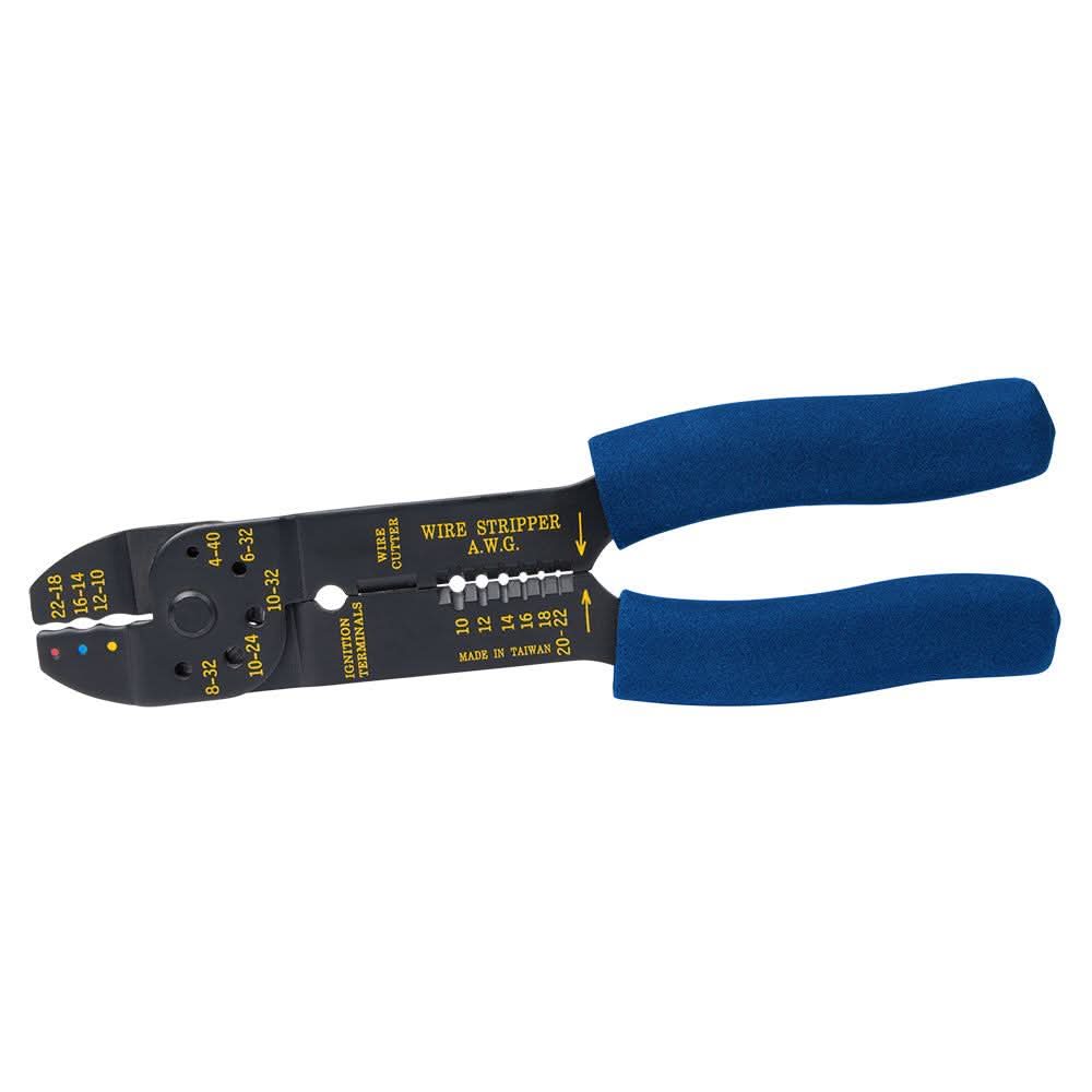 Ancor CutStripCrimp Multi Tool for cutting, stripping, and crimping 22-10 AWG wires with blue handles