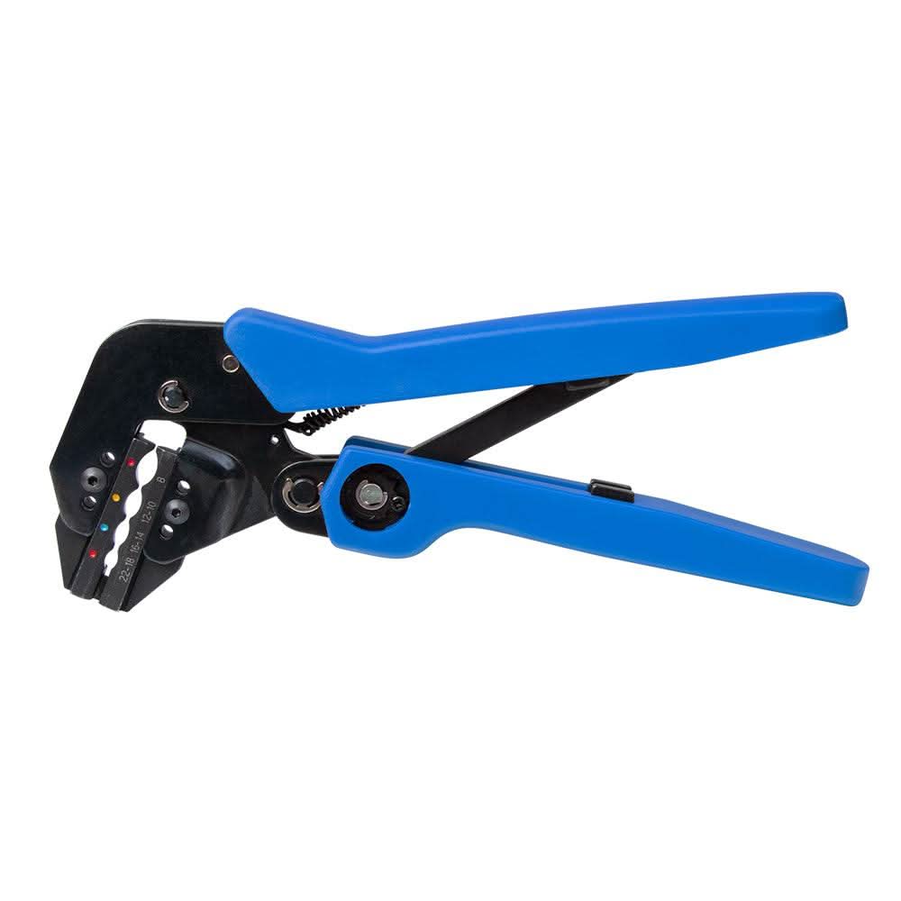 Ancor Angled 22 to 8 AWG ratcheting crimper with blue handles and angled head for heat shrink terminals.