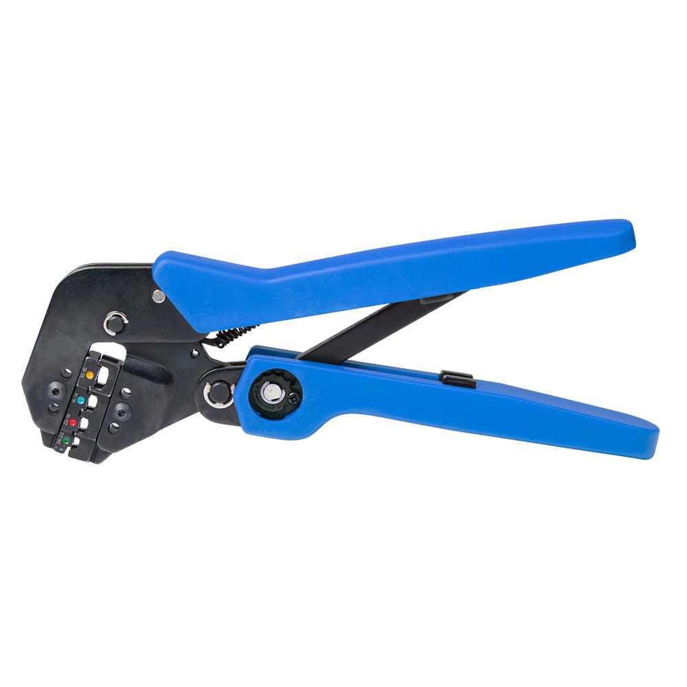 Ancor Angled 26 to 10 AWG double crimp ratcheting crimper with ergonomic blue handles for nylon and vinyl terminals