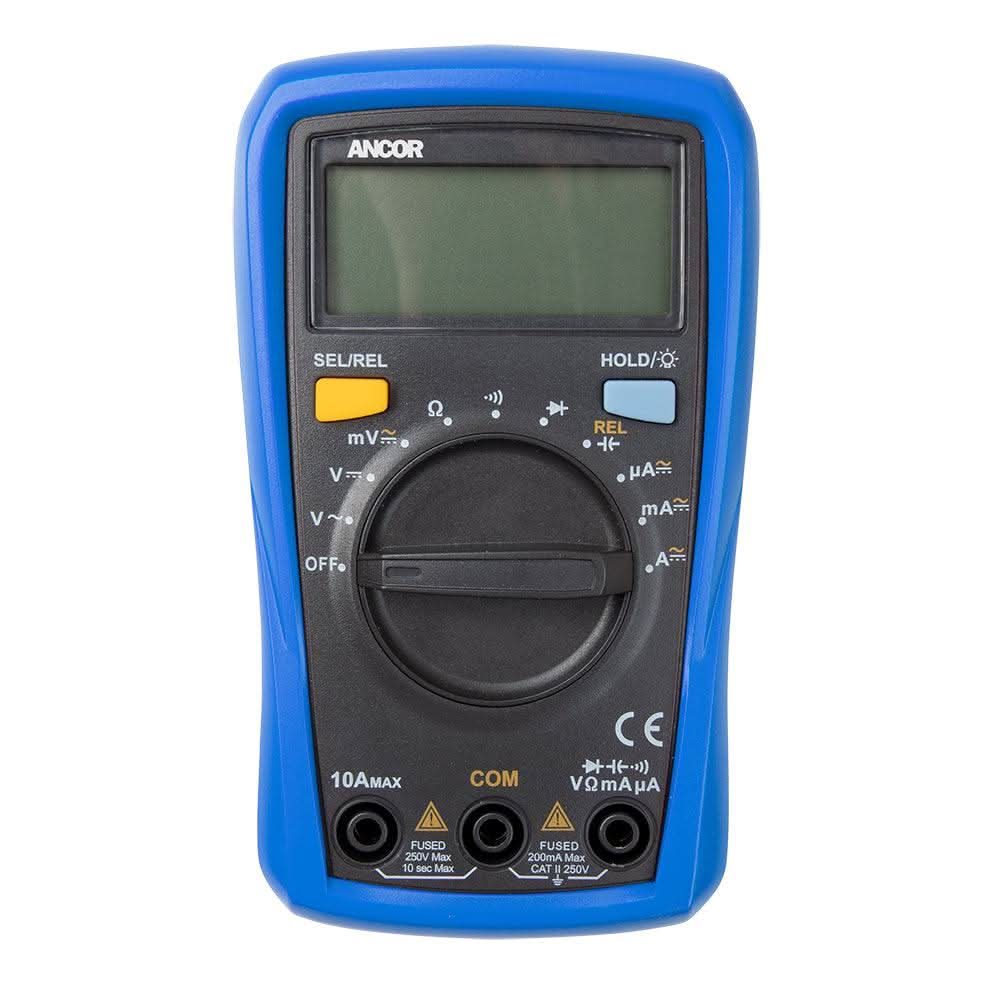 Ancor 8 Function Digital Multimeter with auto ranging, LCD display, ergonomic design, and protective cover