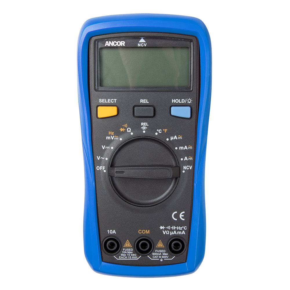 Blue and black Ancor True RMS 12 function digital multimeter with clear LCD display and rotary switch