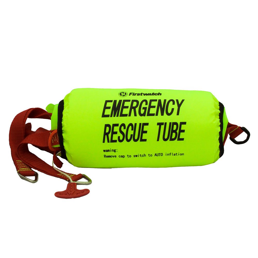 First Watch RBA-200 emergency rescue tube with manual and automatic inflation, bright yellow, compact design for water rescue missions