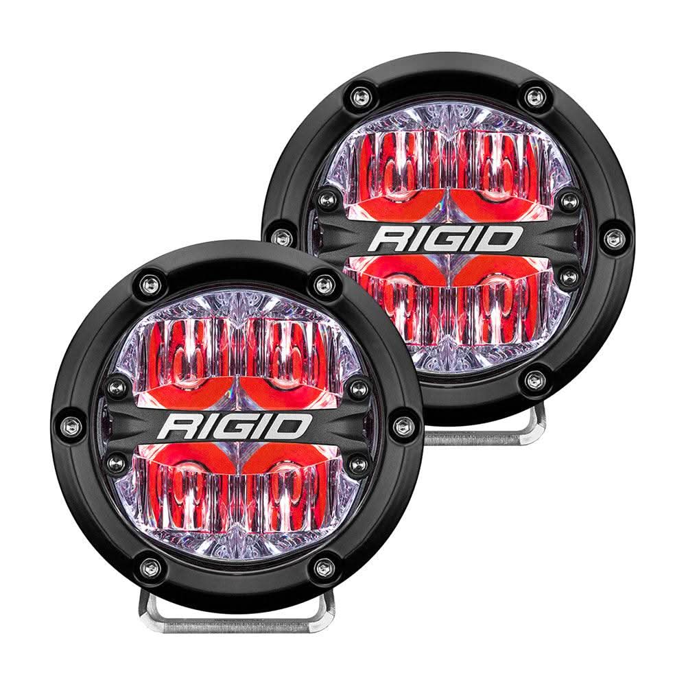 RIGID Industries 360-Series 4-inch LED off-road fog lights with red backlight and black housing, drive beam with RIGID branding