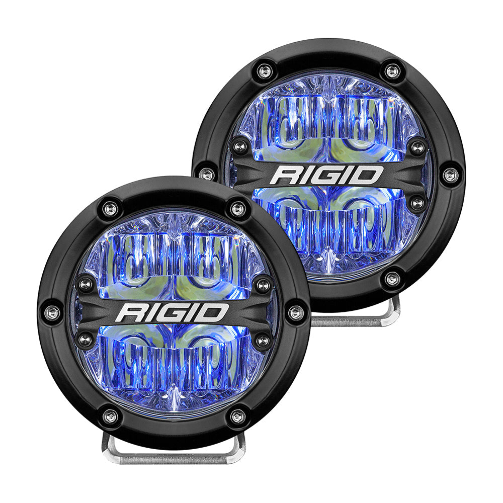 Pair of RIGID Industries 360-Series 4" LED off-road fog lights with blue backlight and black housing