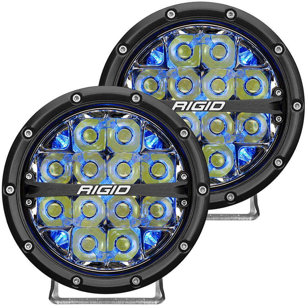 RIGID Industries 360-Series 6" LED off-road fog lights with blue backlight and black housing, high lumen drive beam.