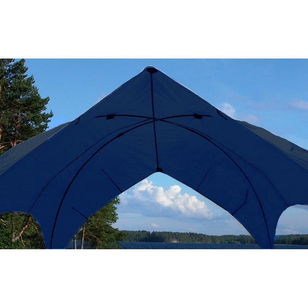 Navy Taylor Made Pontoon Easy-Up Shade Top with fiberglass pole frame against a sky and trees background