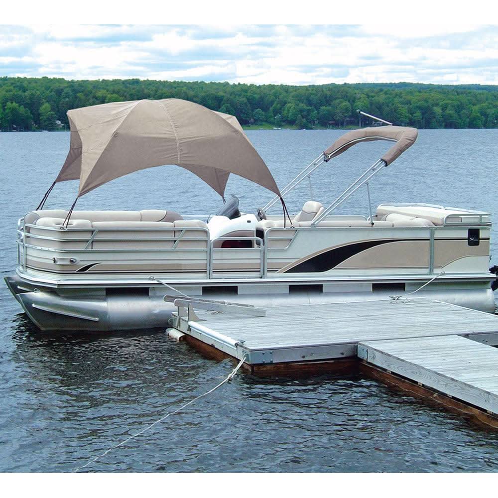 Taylor Made Pontoon Easy-Up Shade Top in sand color installed on pontoon boat over water