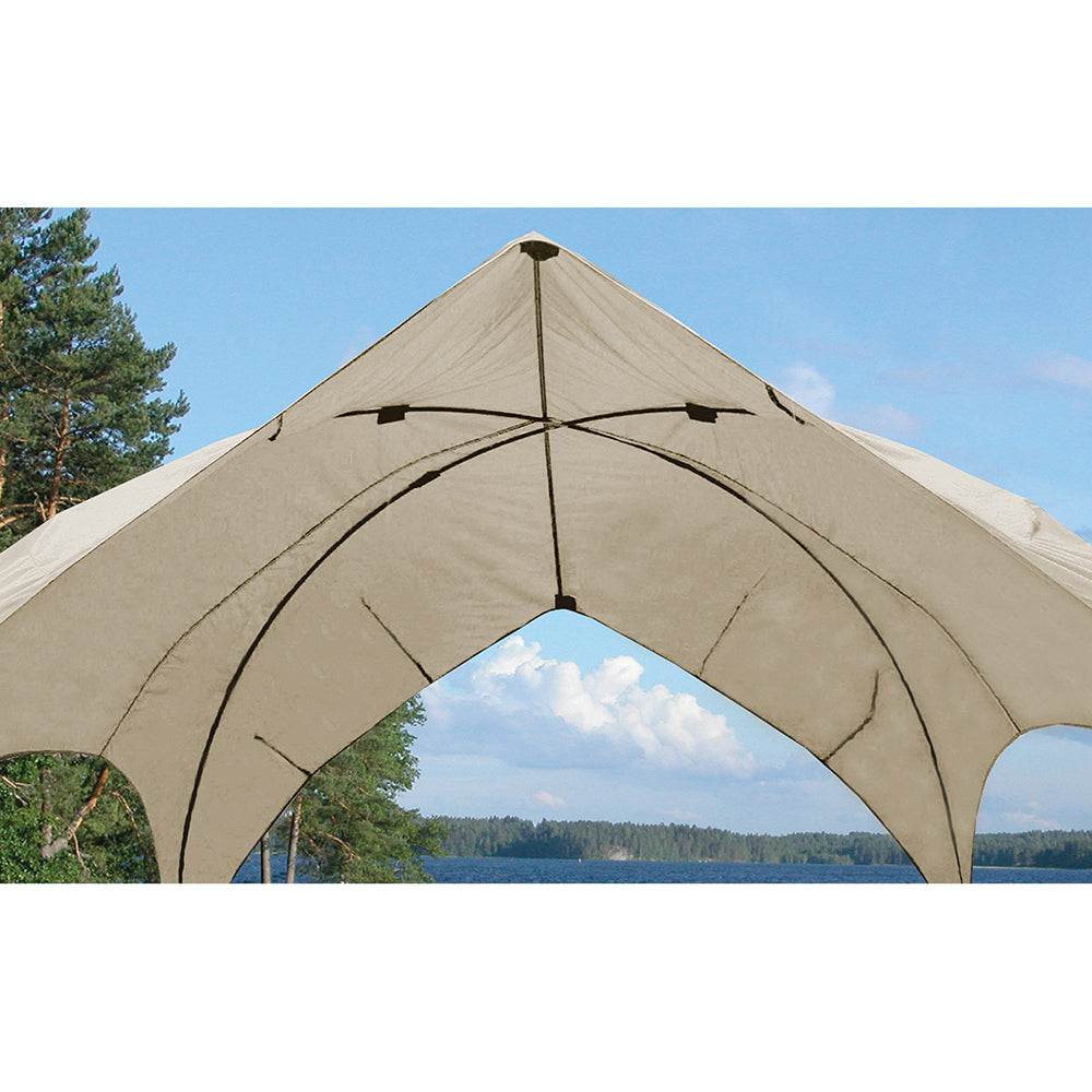 Taylor Made Pontoon Easy-Up Shade Top in sand color with fiberglass pole frame and marine grade polyester fabric providing 8ft coverage for pontoon boats