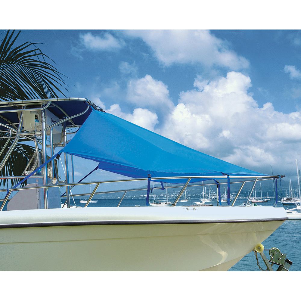 Taylor Made T-Top Bow Shade 6'L x 90"W in Pacific Blue installed on a center console boat providing additional sunshade.