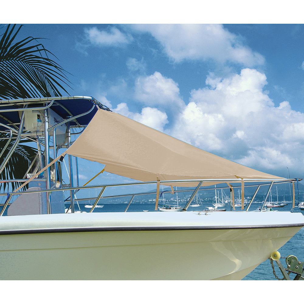 Sand colored Taylor Made T-Top Bow Shade 6'L x 90"W installed on a boat bow for sun protection