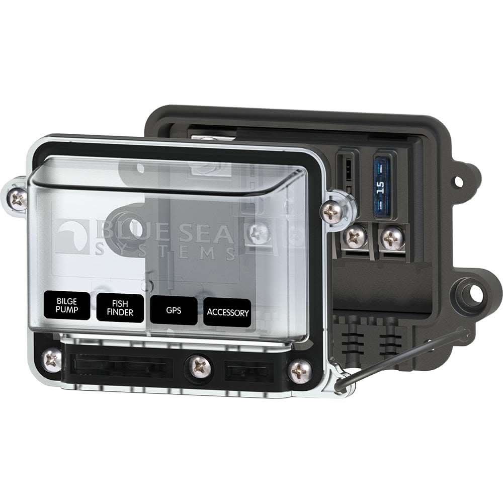 Blue Sea 5056 ST-Blade water resistant fuse block with clear cover and labeled circuit slots for marine use