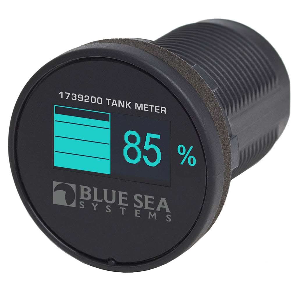 Blue Sea 1739200 mini OLED tank meter with waterproof blue display showing 85% tank level