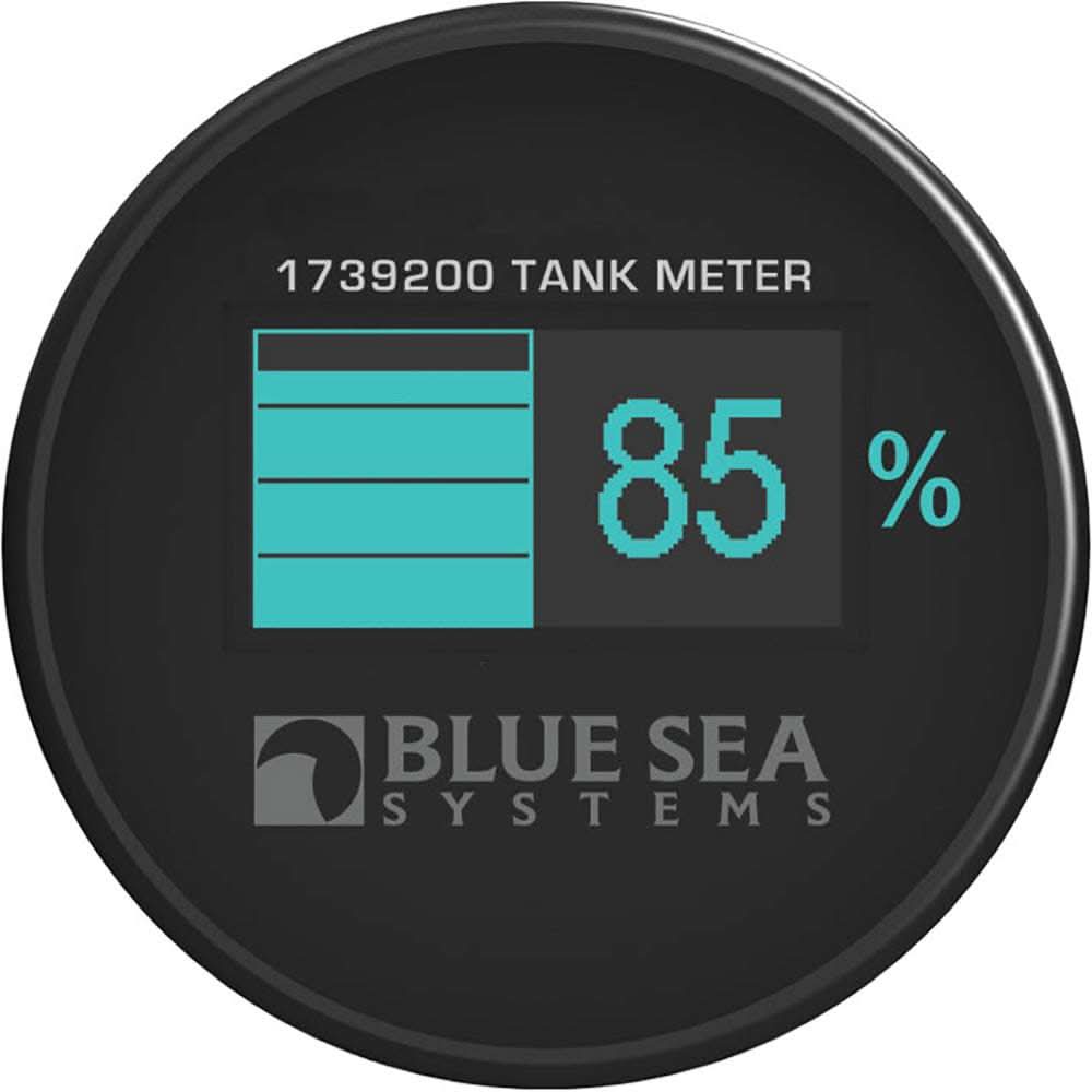 Blue Sea 1739200 Mini OLED tank meter displaying 85% capacity on blue screen