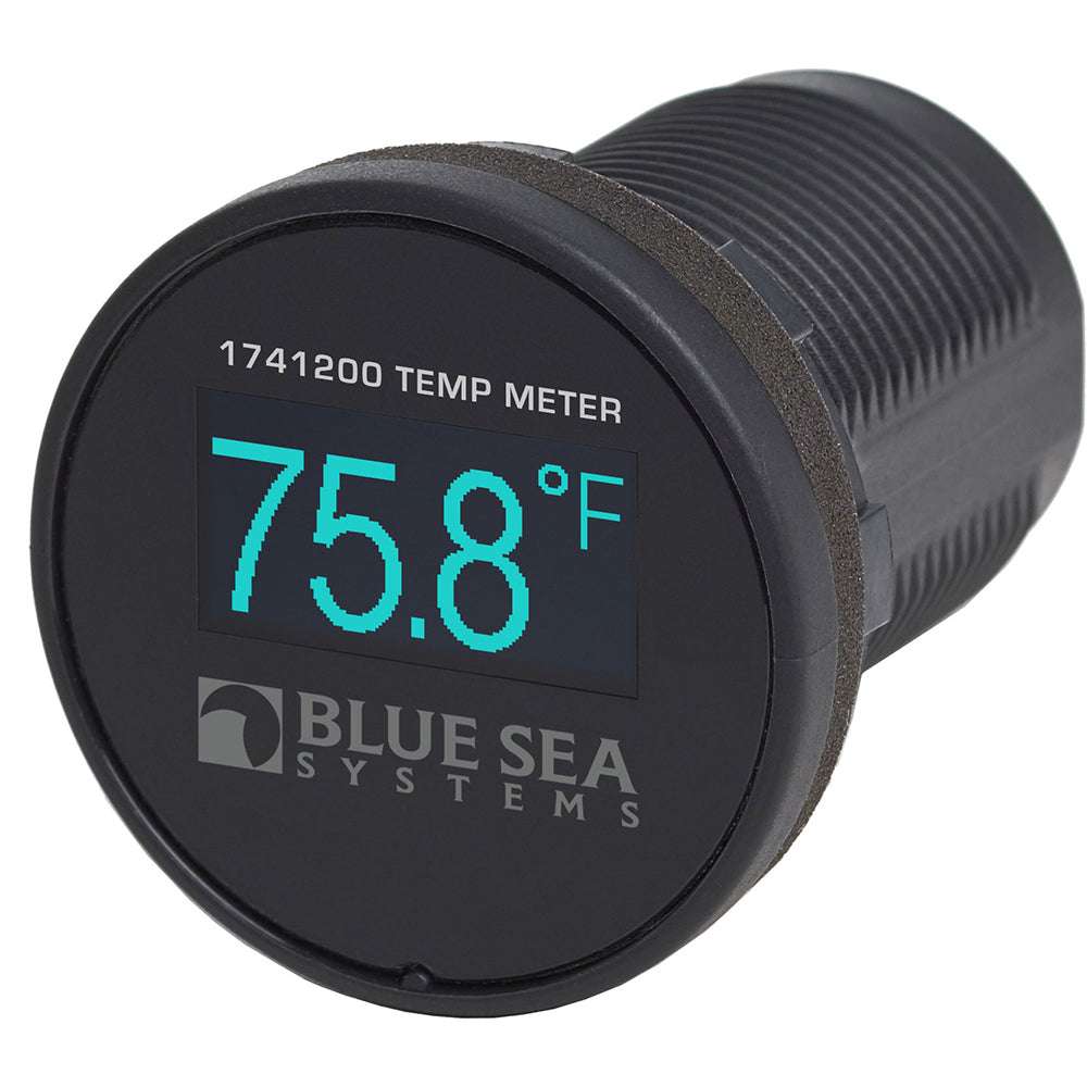 Blue Sea 1741200 Mini OLED Temperature Monitor displaying 75.8°F with waterproof and compact design