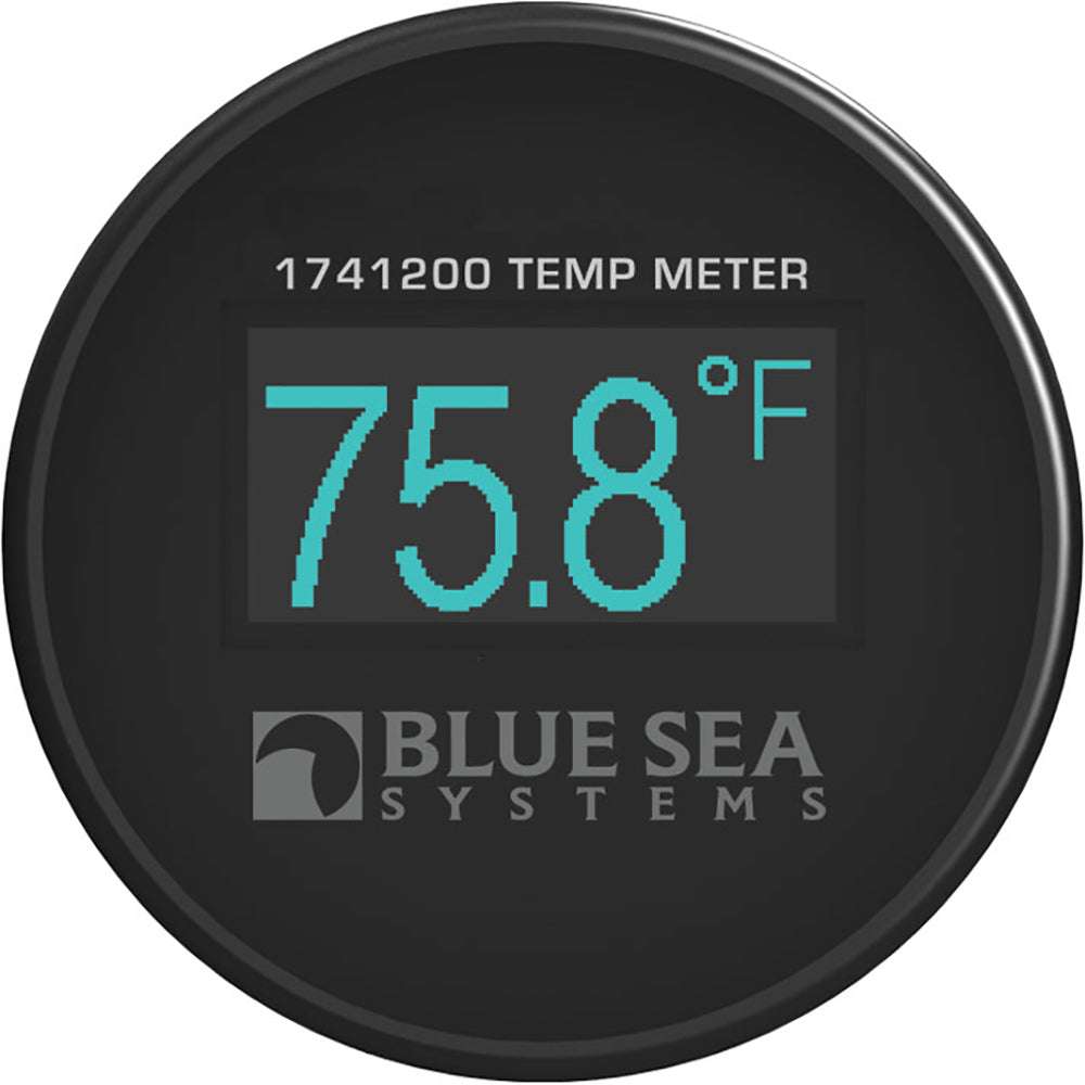 Blue Sea 1741200 mini OLED temperature monitor displaying 75.8°F with waterproof design and compact size
